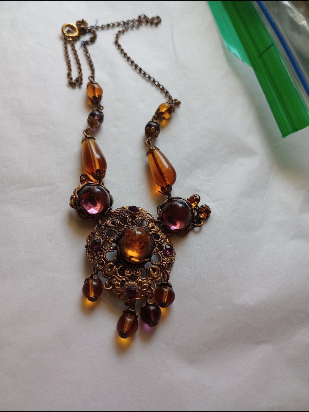 Vintage-Inspired Amber & Amethyst  Necklace - Women.   Made In Australia.